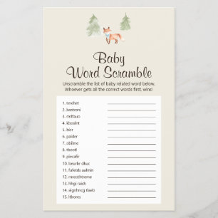 Woodland Fox Boy Shower Baby Word Scramble Game Flyer