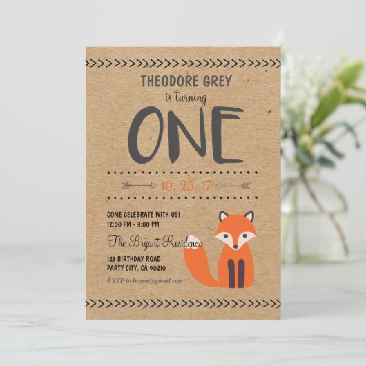 Woodland Fox Chevron Boy First Birthday uitnodigin Kaart (Staand voorkant)