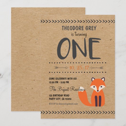 Woodland Fox Chevron Boy First Birthday uitnodigin Kaart (Voorkant / Achterkant)