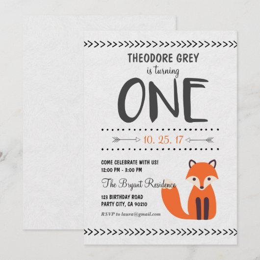 Woodland Fox Chevron Boy First Birthday uitnodigin Kaart (Voorkant / Achterkant)