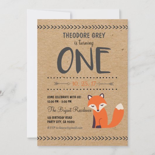 Woodland Fox Chevron Boy First Birthday uitnodigin Kaart (Voorkant)