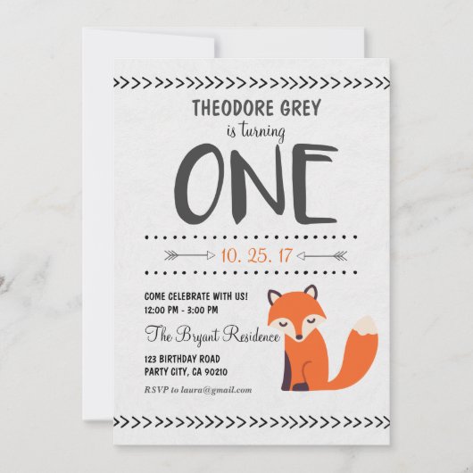 Woodland Fox Chevron Boy First Birthday uitnodigin Kaart (Voorkant)