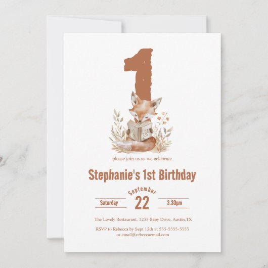 Woodland Fox Een boek lezen 1e verjaardagsfeestje Kaart (Voorkant)