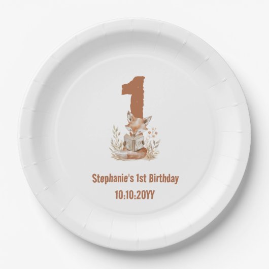 Woodland Fox Een boek lezen 1e verjaardagsfeestje Papieren Bordje (Voorkant)