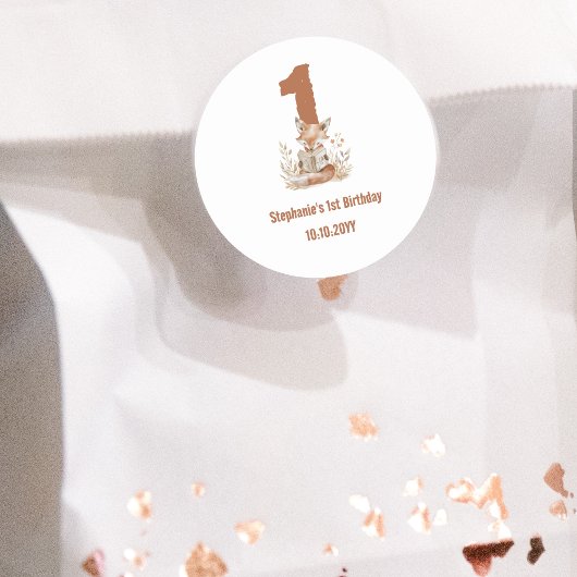 Woodland Fox Een boek lezen 1e verjaardagsfeestje Ronde Sticker