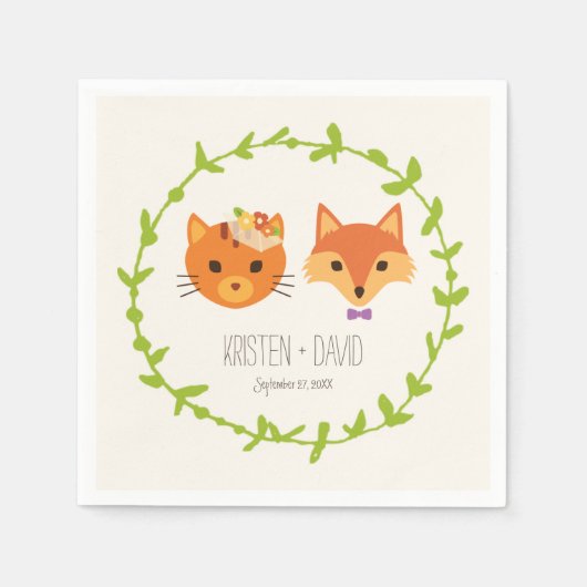 Woodland Fox en Cat Rustic Wedding Servet (Voorkant)