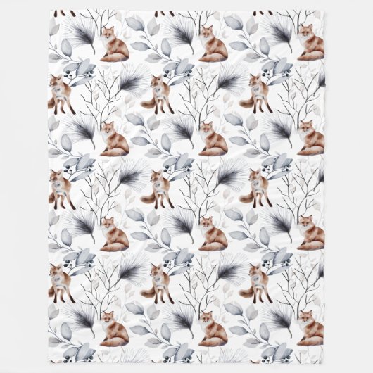Woodland Fox en Gray and Silver Foliage Fleece Deken (Voorkant)