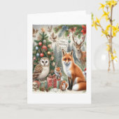 Woodland Fox en Uil Kerstmis Kaart (Gele Bloem)