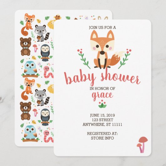 Woodland Fox & Forest Animal Baby shower Invite Kaart (Voorkant / Achterkant)
