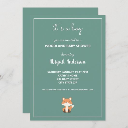 Woodland Fox Forest Baby shower Invitation Kaart (Voorkant / Achterkant)