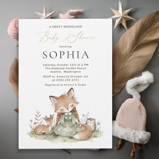 Woodland Fox Girl Baby Shower Invitation Card Kaart