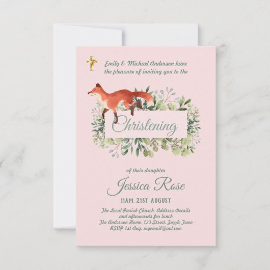 Woodland Fox Girls Christening Invites Baptism (Voorkant)