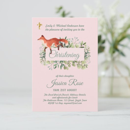 Woodland Fox Girls Christening Invites Baptism (Staand voorkant)