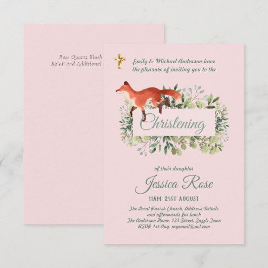 Woodland Fox Girls Christening Invites Baptism (Voorkant / Achterkant)