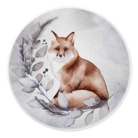 Woodland Fox Gray Leaves Winter Waterverf Keramische Knop (Voorkant)