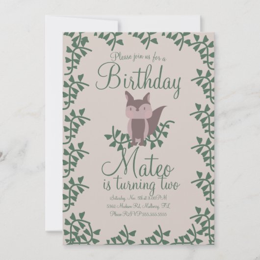 Woodland Fox Greenery Birthday Party Rustic Kaart (Voorkant)