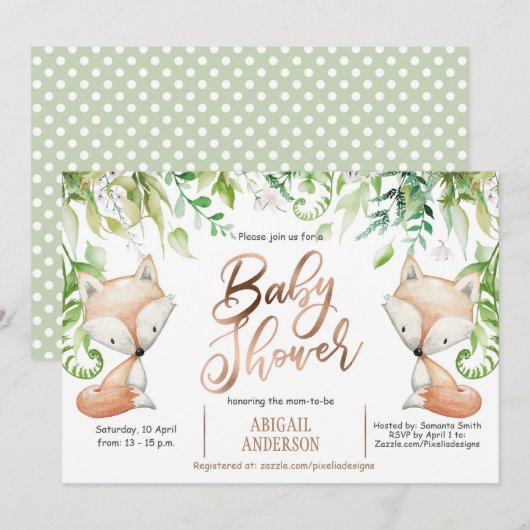 Woodland Fox, Greenery, Roos Gold Baby Boy Shower Kaart (Voorkant / Achterkant)