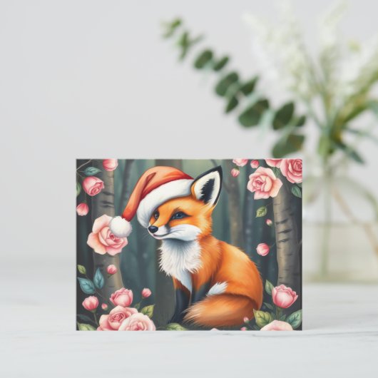 Woodland fox in Christmas hat holiday postcard Feestdagenkaart (Staand voorkant)