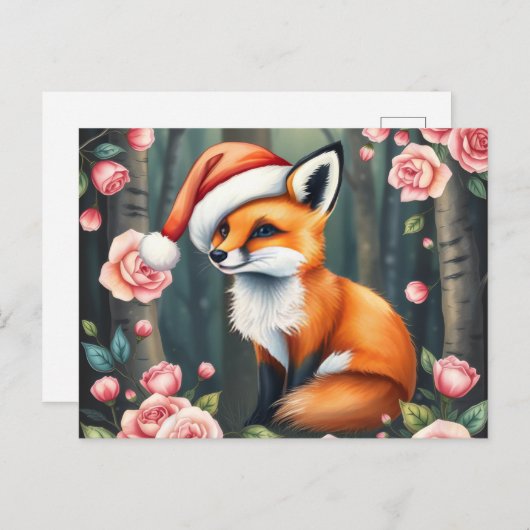 Woodland fox in Christmas hat holiday postcard Feestdagenkaart (Voorkant / Achterkant)
