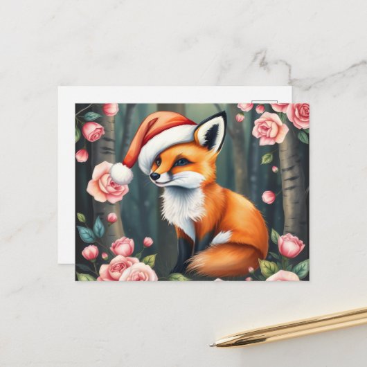 Woodland fox in Christmas hat holiday postcard Feestdagenkaart (Voorkant / Achterkant in situ)
