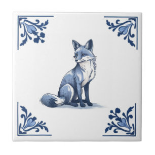 Woodland Fox met Delfts blauwe en witte hoeken Tegeltje