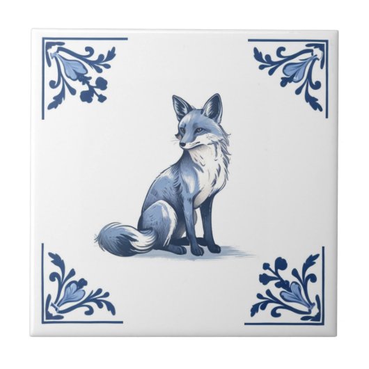 Woodland Fox met Delfts blauwe en witte hoeken Tegeltje (Voorkant)