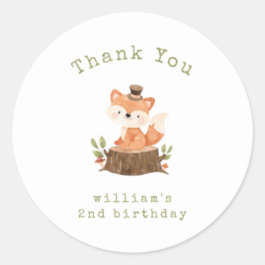 Woodland Fox Minimalistische Verjaardag Dank u Ronde Sticker (Voorkant)