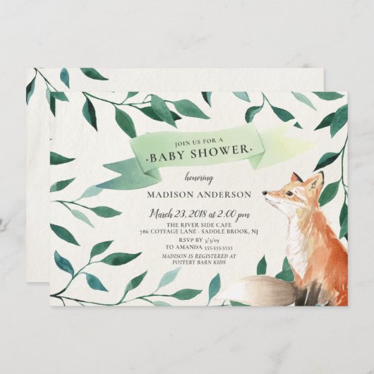 Woodland Fox Neutraal Baby shower Kaart (Voorkant / Achterkant)