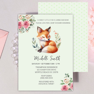 Woodland Fox Pink Floral Baby shower Kaart
