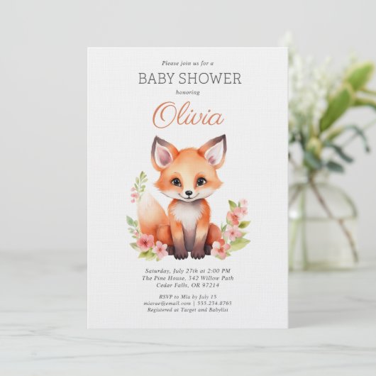 Woodland Fox Pink Peach Girl Baby Shower Kaart (Staand voorkant)