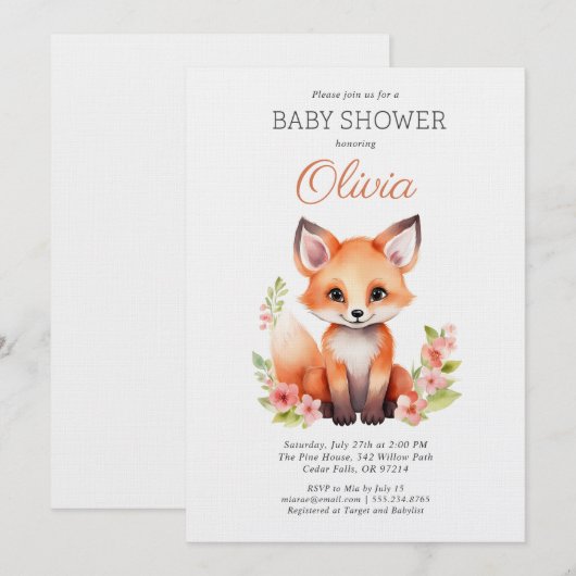 Woodland Fox Pink Peach Girl Baby Shower Kaart (Voorkant / Achterkant)