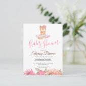 Woodland Fox Pink Waterverf Floral Baby shower Briefkaart (Staand voorkant)