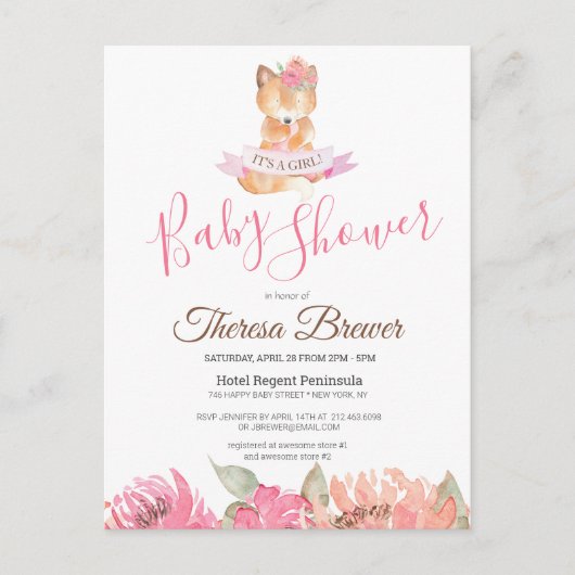 Woodland Fox Pink Waterverf Floral Baby shower Briefkaart (Voorkant)