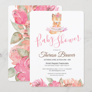 Woodland Fox Pink Waterverf Floral Baby shower Kaart