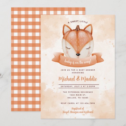 Woodland Fox Pumpkin Baby shower Invitation Invite Kaart (Voorkant / Achterkant)