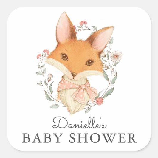 Woodland Fox Roze Baby shower voor Meisje Vierkante Sticker (Voorkant)