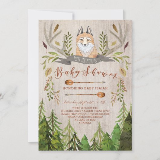 Woodland Fox Rustic Baby Shower Invitations Kaart (Voorkant)