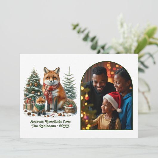 Woodland Fox Rustic Forest Christmas Photo Feestdagenkaart (Staand voorkant)
