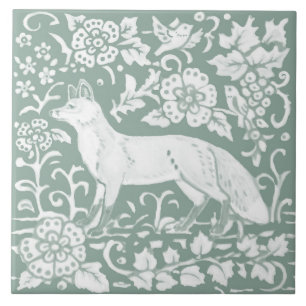 Woodland Fox Sage Green Floral Natuur Design Tegeltje