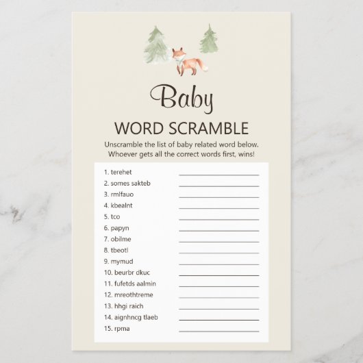 Woodland Fox Shower Baby Word Scramble Game Flyer (Voorkant)