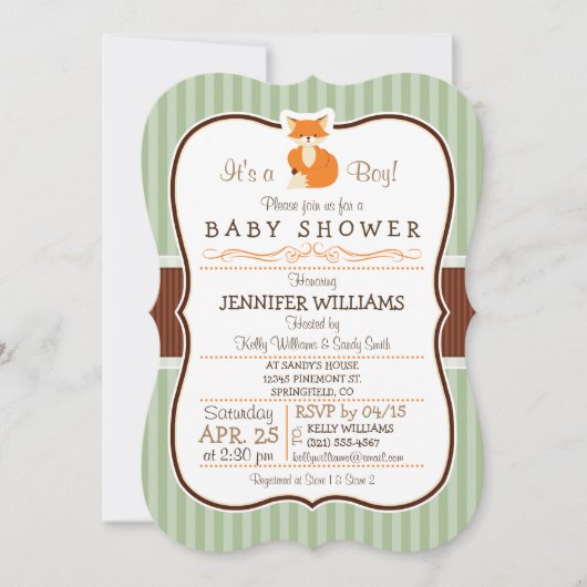 Woodland Fox; Sinaasappel, Sage, bruin Baby shower Kaart (Voorkant)