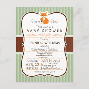 Woodland Fox; Sinaasappel, Sage, bruin Baby shower Uitnodiging Briefkaart