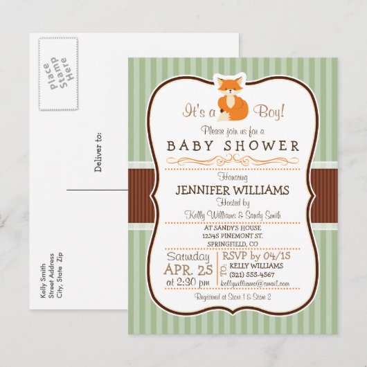 Woodland Fox; Sinaasappel, Sage, bruin Baby shower Uitnodiging Briefkaart (Voorkant / Achterkant)