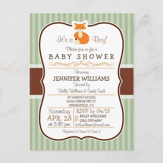 Woodland Fox; Sinaasappel, Sage, bruin Baby shower Uitnodiging Briefkaart (Voorkant)