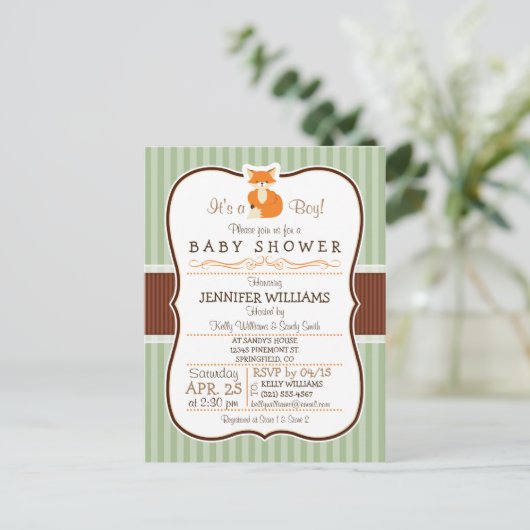 Woodland Fox; Sinaasappel, Sage, bruin Baby shower Uitnodiging Briefkaart (Staand voorkant)
