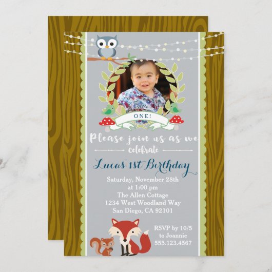 Woodland Fox verjaardagsfeestje uitnodiging (Voorkant / Achterkant)