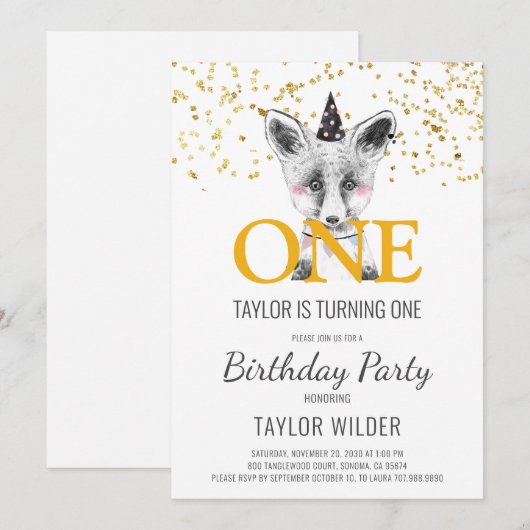 Woodland Fox Waterverf 1e verjaardag Uitnodiging (Voorkant / Achterkant)