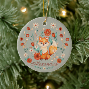 Woodland Fox Whimsical Waterverf Naam Jaar Keramisch Ornament