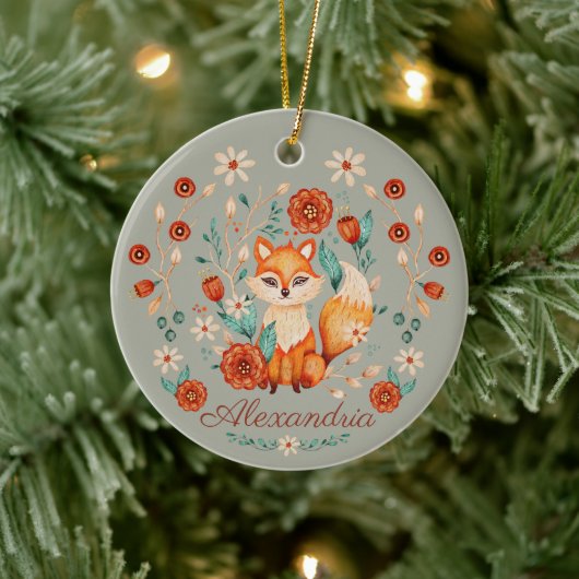  Woodland Fox Whimsical Waterverf Naam Jaar Keramisch Ornament (Boom)