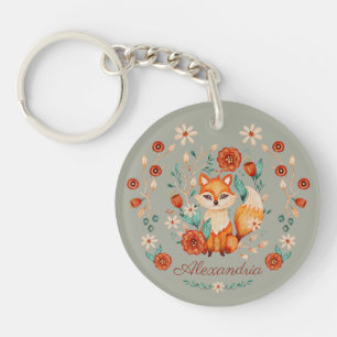 Woodland Fox Whimsical Waterverf Naam Sleutelhanger